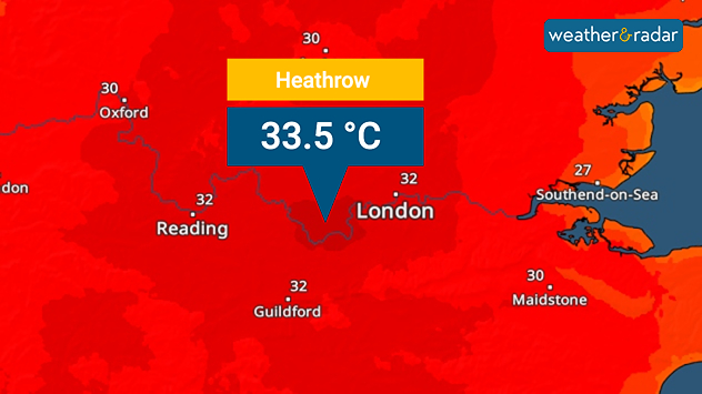 Heat map centered on London showing intense red temperatures across southeast England, with Heathrow highlighted at 33.5°C and nearby cities around 30–32°C.