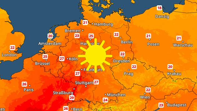Eine Wetterkarte von Mitteleuropa zeigt die Höchsttemperaturen. Über Deutschland dominiert sonniges Wetter, dargestellt durch ein großes Sonnensymbol über der Landesmitte. Am wärmsten wird es im Südwesten mit verbreitet 27 bis 29 Grad, rund um Straßburg werden 29 Grad erreicht. Im Westen und in der Mitte liegen die Werte meist zwischen 25 und 27 Grad, im Norden bei 21 bis 25 Grad. Nach Osten und Südosten wird es etwas kühler mit meist 22 bis 24 Grad. Auch in den Nachbarländern zeigt sich ein ähnlicher Temperaturverlauf: Frankreich erreicht bis 26 Grad, die Benelux-Staaten 25 bis 27 Grad, Polen meist 21 Grad sowie Tschechien und Österreich um 22 bis 24 Grad. Die Farbskala reicht von Orange bis Rot und verdeutlicht die höheren Temperaturen im Südwesten.