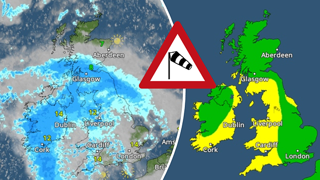 plit weather map showing rain and wind warnings across the UK and Ireland. The left side displays radar imagery with widespread rain, especially over Ireland and western Britain, and temperatures between 7°C and 14°C. The right side shows a warning map highlighting yellow wind alerts for much of western and central Britain and Ireland. A wind warning symbol appears at the centre.