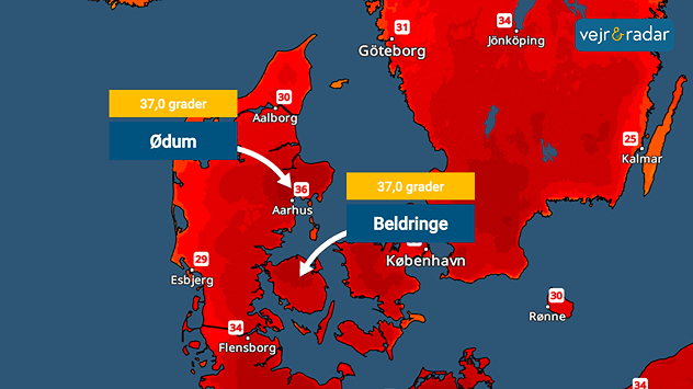 VejrRadar over Danmark med markering af den danske varmerekord på 37,0 grader i Ødum og Beldringe.