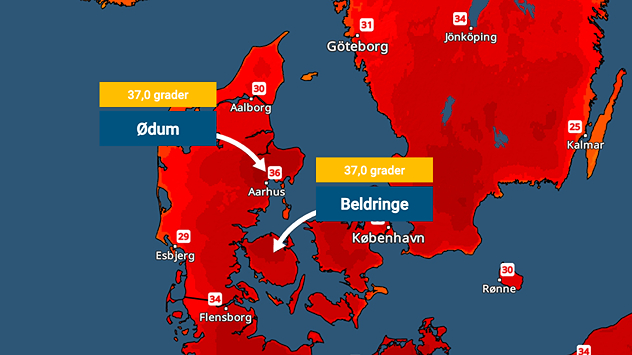 VejrRadar over Danmark med markering af den danske varmerekord på 37,0 grader i Ødum og Beldringe.