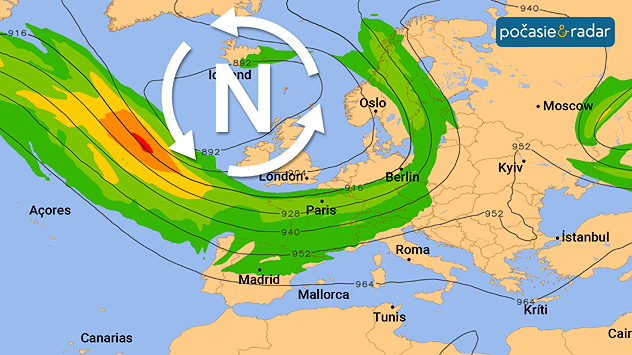 Synoptická mapa s vyznačením polohy a tvaru jet streamu.
