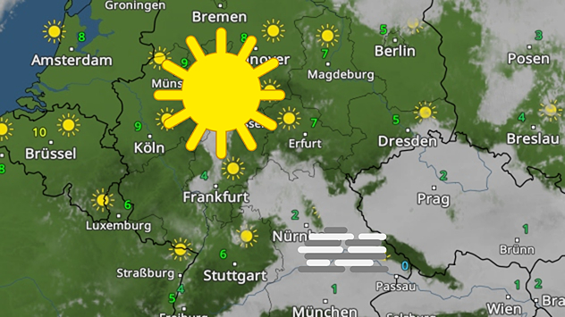 Wetterkarte mit vielen Sonnensymbolen in West- und Mitteldeutschland sowie Nebel im Raum Nürnberg. Kühle Temperaturen im einstelligen Bereich.