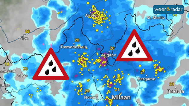 De weersvoorspelling van de WeerRadar geeft voor donderdag zware regenval en veel onweer in Noord-Italië en Zuid-Zwitserland.