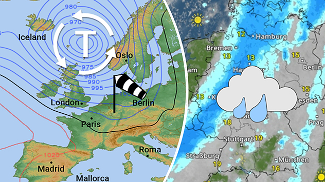 Wetterkarte mit Tief über Nordwesteuropa und WetterRadar mit Regen