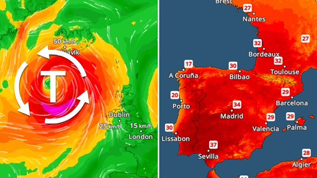 Les cartes météo montrent une tempête au-dessus de l'Atlantique Nord et des températures pouvant atteindre 37 degrés en Espagne et au Portugal.