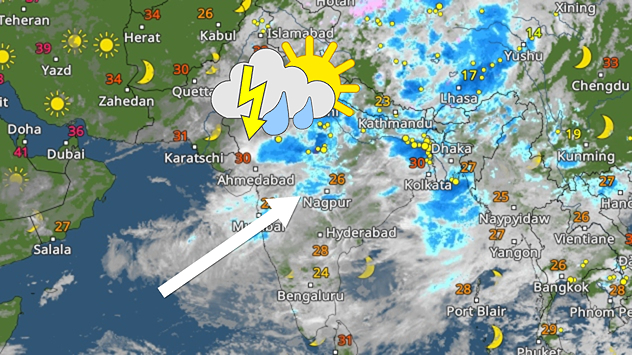 Mappa satellitare dell'Asia meridionale con la situazione meteorologica sull'India. Una freccia indica un'area di bassa pressione sull'India occidentale e centrale, che provoca forti rovesci e temporali. Nuvole dense e precipitazioni si estendono su ampie zone dell'India fino all'Himalaya e al Bangladesh. Sul Pakistan e sul sud-est dell'Iran, invece, il tempo è prevalentemente soleggiato e caldo, con temperature superiori ai 40 gradi.