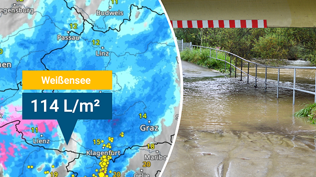 Wetterkarte mit 114 l/m² am Weißensee und Foto eines überfluteten Weges unter einer Brücke in Kärnten.