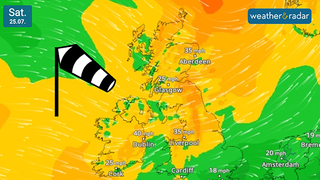 Wind forecast map of the UK and Ireland on Saturday 25.07 showing breezy to windy conditions, with gusts reaching 40 mph in Ireland, 35 mph across Scotland and northern England, and a windsock icon highlighting strong winds.