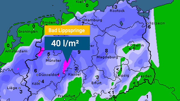 Karte zeigt Regenverteilung in Deutschland, Bad Lippspringe mit 40 l/m² markiert.