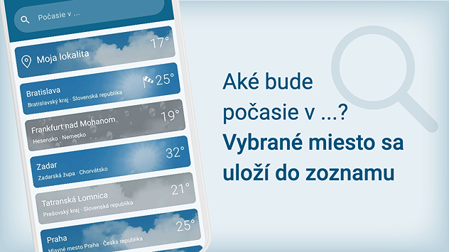 Telefón s aplikáciou Počasie & Radar a jej časťou, kde sa nachádza zoznam vyhľadávaných lokalít (Moje miesta), napr. Bratislava, Frankfurt nad Mohanom, Zadar, Tatranská Lomnica, Praha.