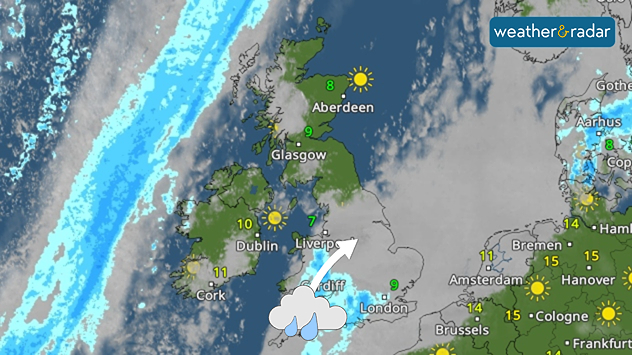 Weather radar map showing a band of rain over southern England moving northeast, with sunshine over Scotland and Ireland and temperatures across the UK and nearby Europe.