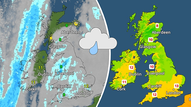 Split image showing a UK weather radar with rain bands and showers on the left, and a UK temperature map on the right with values around 8–13 °C across the country.