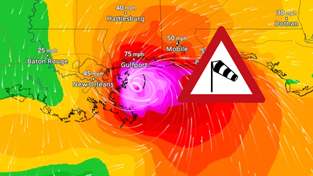 The WindRadar shows a powerful hurricane off the US Gulf Coast. Wind speeds of 75 miles per hour are being recorded around the centre of the storm.