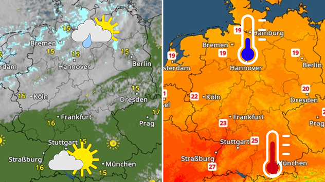 Zweiteilige Deutschlandkarte mit kühlem, wolkigem Norden und sonnigem, deutlich wärmerem Süden.