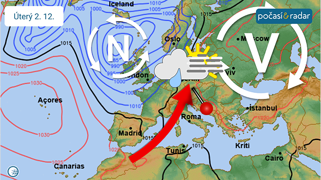 Předpověď synoptické situace na úterý 2. prosince: Na začátku prosince bude do Česka proudit teplejší vzduch z jižních směrů v prostoru mezi tlakovou níží nad západní až severozápadní Evropou a tlakovou výší nad východní Evropou.