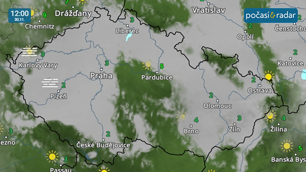 Meteoradar, screenshot, 30. 11., 12:00: V neděli bude velká část Česka pokryta inverzními mlhami a nízkou oblačností. Slunce se ukáže hlavně na horách.