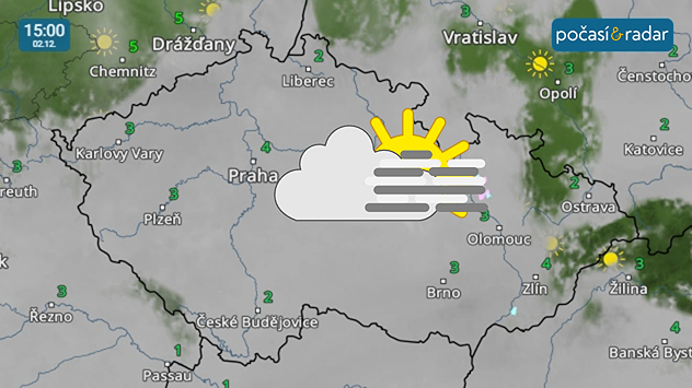 Meteoradar, screenshot, 2. 12., 15:00: Oblohu nad Českem bude také příští týden většinou halit velká oblačnost, ať už frontální nebo ta nízká inverzní.