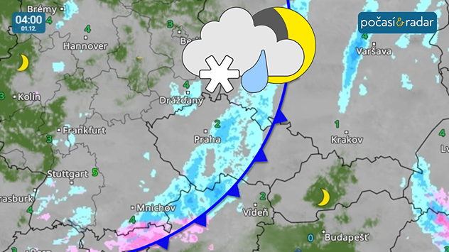 Meteoradar, screenshot, 1. 12., 4:00: V pondělí bude přes Česko od západu přecházet slabá studená fronta. Místy přinese slabý déšť, na horách i sněžení.