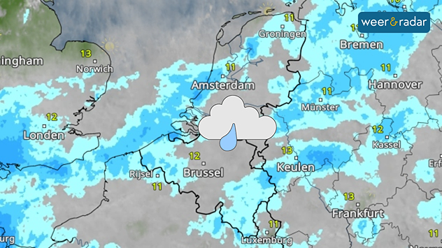 Buiige regen op de WeerRadar van de Benelux. Een symbool van een beetje regen is ingetekend bij 11 tot 13 graden op de thermometer.