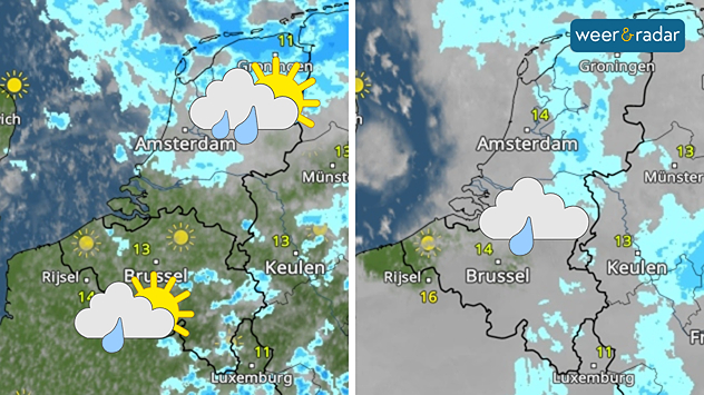 Een gesplitste afbeelding met links de WeerRadar en buien ingetekend boven de Benelux, de meeste boven de noordelijke helft van Nederland. Rechts (maandag) is veel meer bewolking zichtbaar. Overal kan wat lichte regen vallen. Dat symbool staat ingetekend boven België en Nederland.