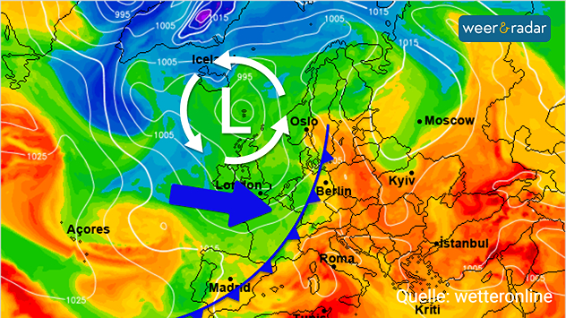De Europese weerkaart voor begin volgende week toont een omvangrijk lagedrukgebied boven West-Europa.