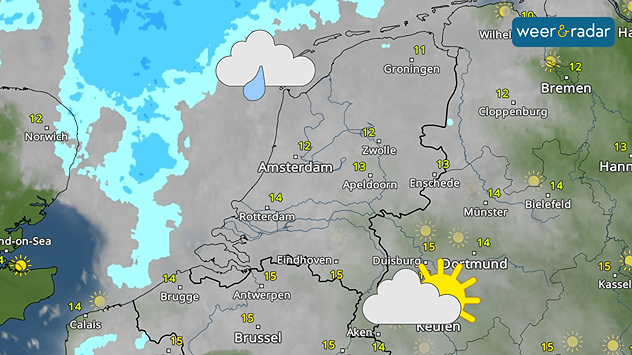 De WeerRadar toont maandag toenemende dikkere bewolking.