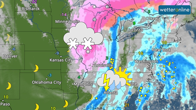 Wetterkarte der USA mit Schneefall im Mittleren Westen und Gewittern im Südosten, während im Westen überwiegend ruhiges Wetter herrscht.