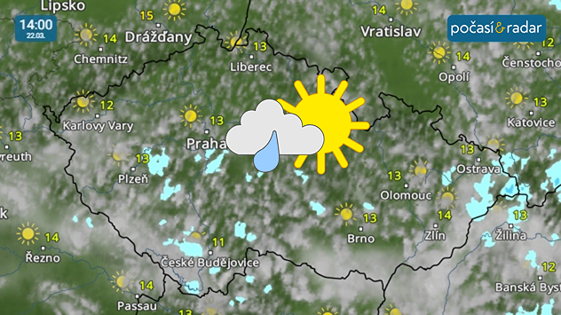 Meteoradar, screenshot, 22. 3. 14:00: Oproti sobotě přinese neděle do Česka slunečnější počasí a méně přeháněk.