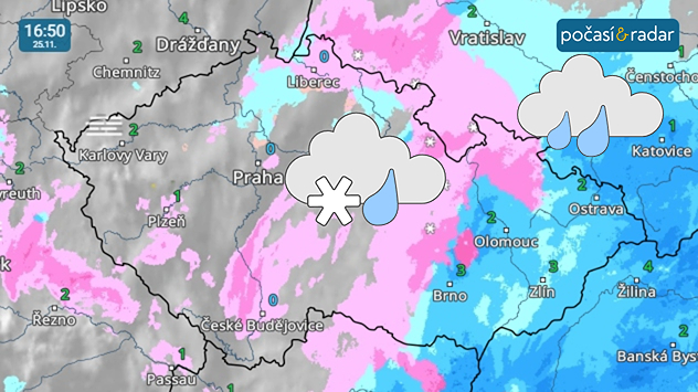 Meteoradar, screenshot, 25. 11., 16:50: Frontální rozhraní přináší do Česka v úterý srážky v podobě mrholení, občasného slabého nebo mírného deště či sněžení; na východě a jihovýchodě území se v teplejším vzduchu vyskytují dešťové srážky až do vyšších poloh.