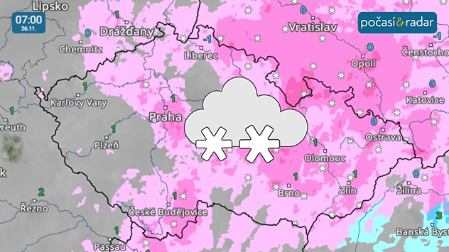 Meteoradar, screenshot, 26. 11., 7:00: Srážky budou v Česku pokračovat i během středy, kdy už se bude opět na celém území jednat o sněžení.
