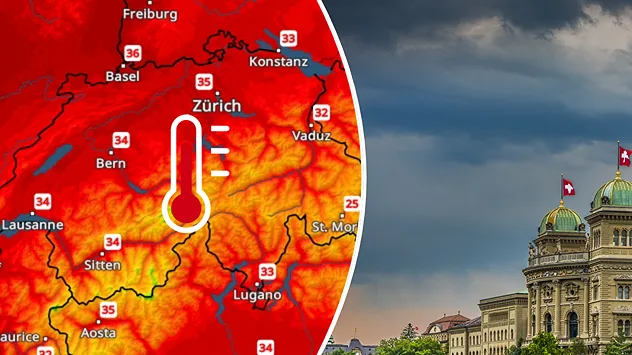 Temperaturkarte mit Hitze bis 36 Grad und Bundeshaus in Bern unter dunklen Wolken.