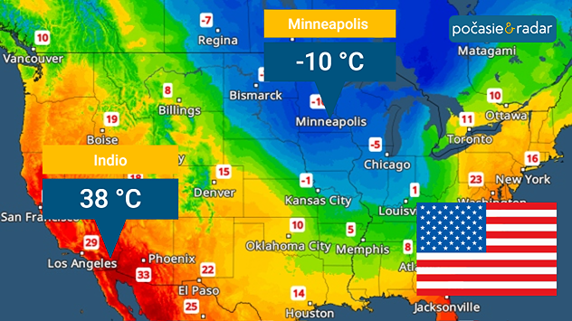 Mapa USA s výrazným teplotným kontrastom: približne −10 °C v Minneapolise a až 38 °C v Indiu v Kalifornii.