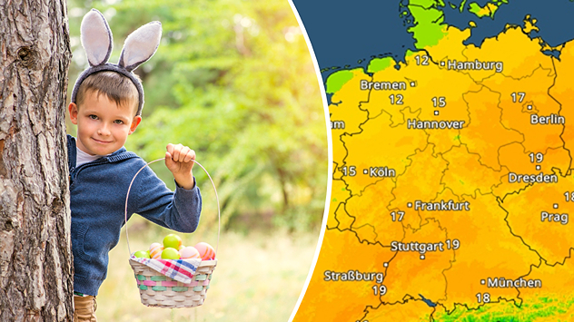 Kind mit Osterkorb hinter Baum, daneben Deutschlandkarte mit Temperaturen. Mittagswerte meist im milden Bereich. Darstellung der Temperaturen am Ostersonntagmittag.