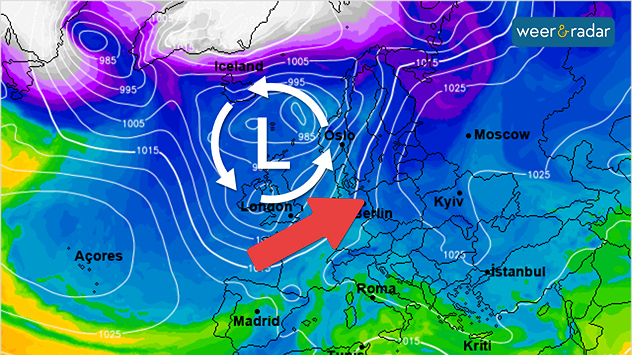 De weerkaart voor midden volgende week toont een omvangrijk lagedrukgebied ten noorden van Schotland. Bij ons voert een stevige zuidwestenwind zachte oceaanlucht aan.