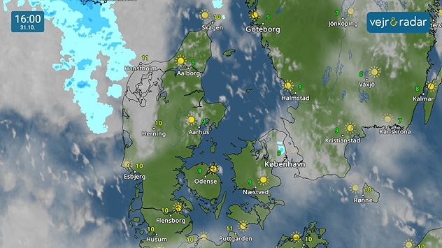 VejrRadaren viser overvejende sol med kun få skyer. Temperaturer mellem 9-11 grader klokken 16:00.
