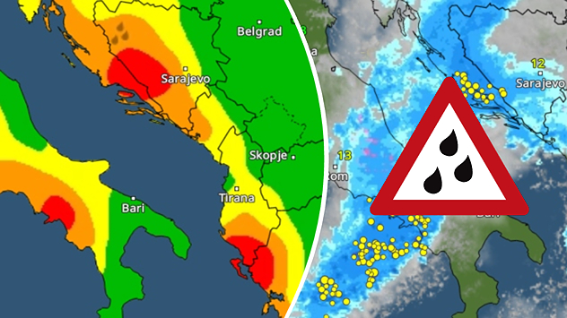 Carte météo avec alerte de fortes pluies pour les Balkans occidentaux et la côte adriatique.