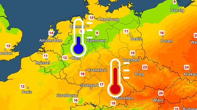 Deutschlandkarte mit Temperaturverlauf von kühl im Nordwesten zu warm im Süden und Osten. Farbige Skala und Thermometer zeigen den Kontrast.