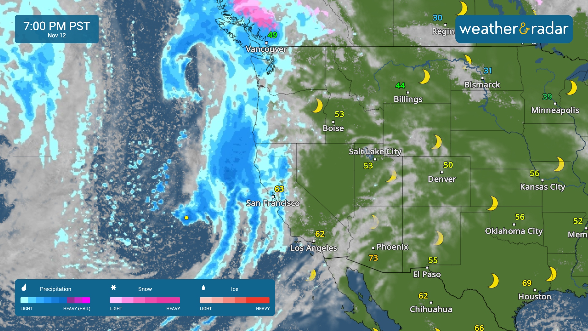 The WeatherRadar shows a Pacific Storm approaching the West Coast.