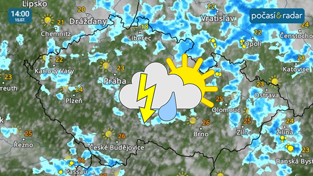 Meteoradar, screenshot, 15. 7. 14:00: Ve středu se během dne ještě místy objeví přeháňky nebo bouřky, ve čtvrtek už jen výjimečně.