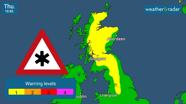 UK warning map dated Thu 12.02 showing snow and ice warning levels with yellow shading across much of Scotland and parts of northern England, green elsewhere, a snowflake warning icon, and a legend indicating levels 1 to 4.