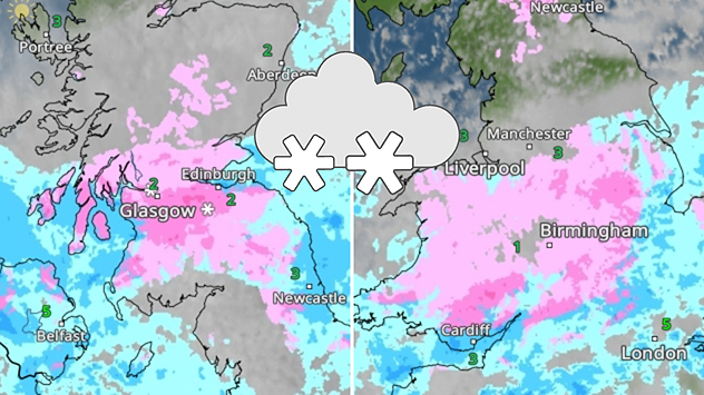 Weather radar map showing widespread pink snow bands across Scotland, northern and central England, with blue rain areas around the coasts and a large snow cloud icon centered over northern Britain.
