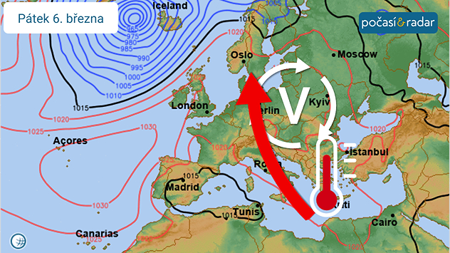 Synoptická situace nad Evropou, pátek 6. března: Počasí v Česku nadále zůstává pod vlivem rozsáhlé tlakové výše a teplého jižního proudění.