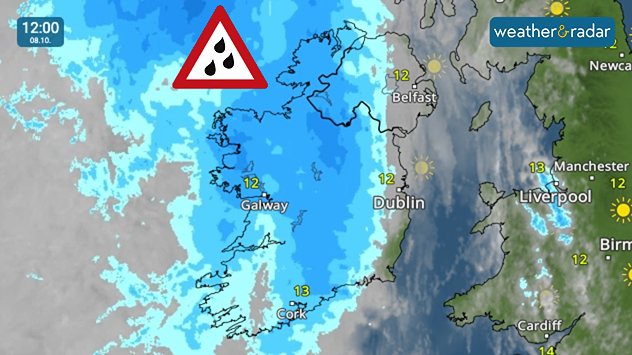 Weather radar map at 12:00 on 08.10 showing widespread heavy rain across Ireland, with blue precipitation bands and a rain warning symbol by Donegal.
