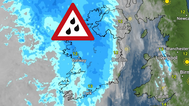 Weather map showing widespread heavy rain across western and central Ireland, with blue precipitation bands and a red triangular rain warning symbol.