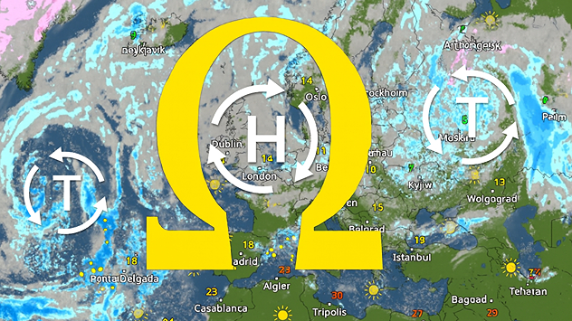 WetterRadar-Karte von WetterOnline zeigt eine blockierende Omega-Wetterlage: Ein stabiles Hoch über Großbritannien (H), flankiert von zwei Tiefdruckgebieten (T), sorgt für ein typisches Muster für anhaltend graues Wetter im Herbst und Winter.