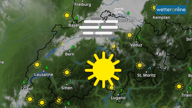 Die Wetterkarte zeigt die Schweiz mit Nebel im Flachland und sonnigem Wetterin den Bergen.