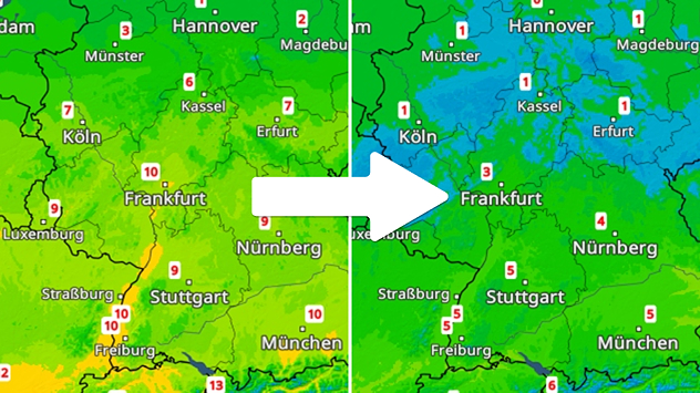 Temperaturen von gestern (links) und heute (rechts) im Vergleich.
