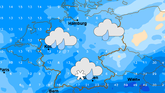 Berechnete Regenmengen für Deutschland bis Freitag. Im Westen häufiger nass als im Osten.