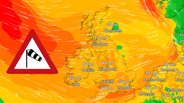 Wind map showing gusts of 40 mph near Dublin, Liverpool and Cardiff, 35 mph near Glasgow and London, and a strong wind warning symbol.